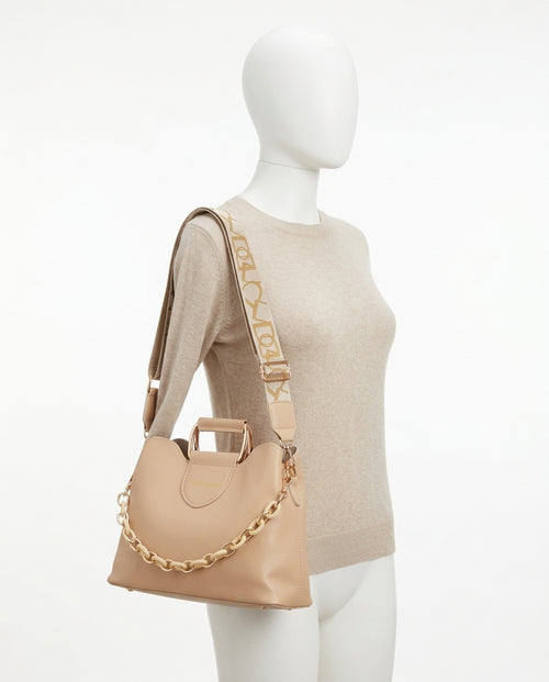 Bolso Beige con Cadena y Asa Estampada