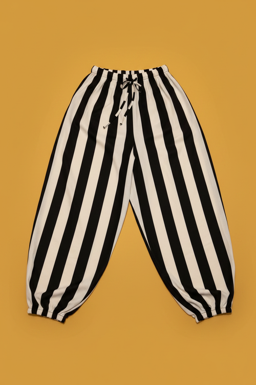 Pantalón Harem Rayas Negro y Blanco - Fondo Mostaza