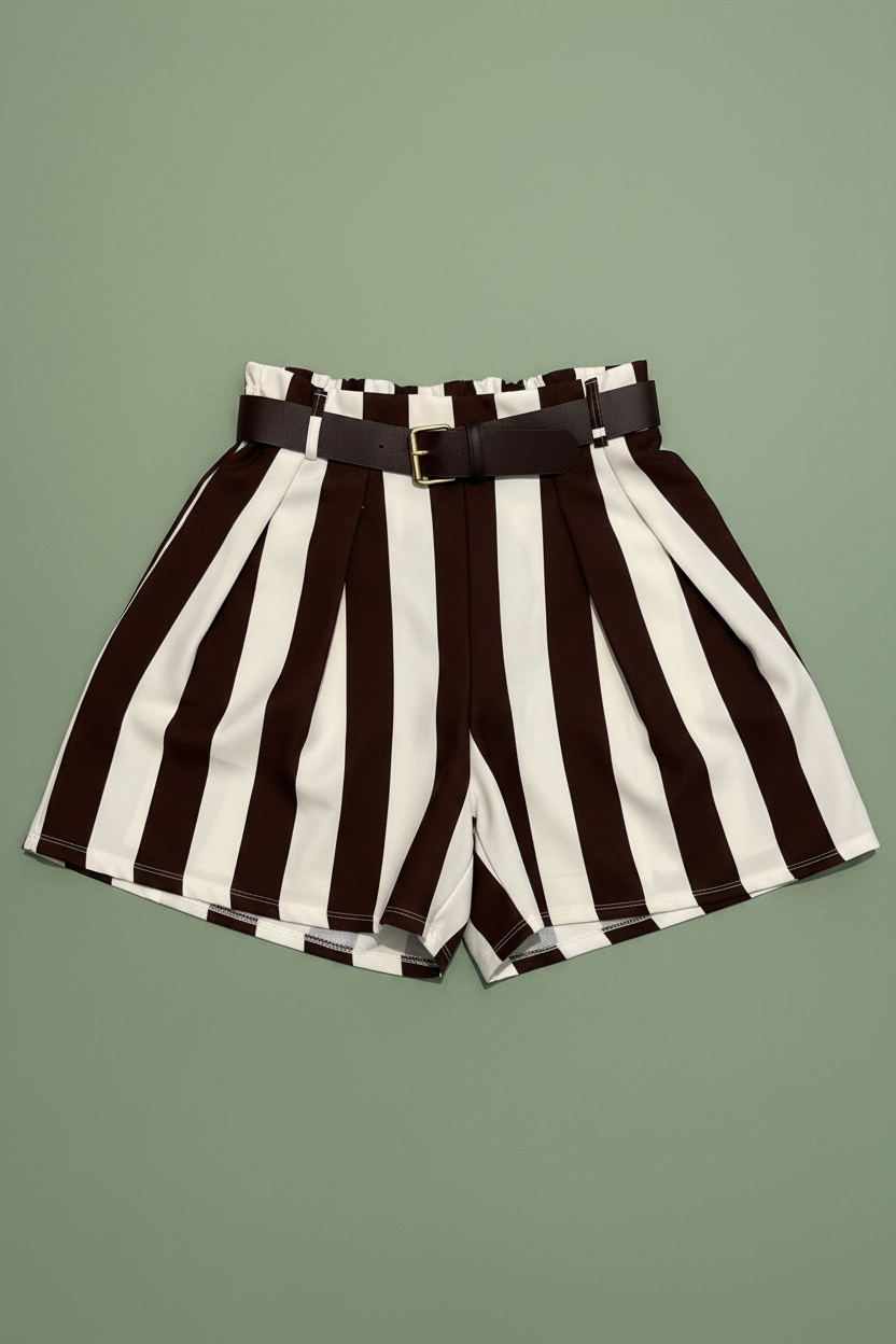 Shorts Rayas Marrón y Blanco con Cinturón - Fondo Verde Salvia