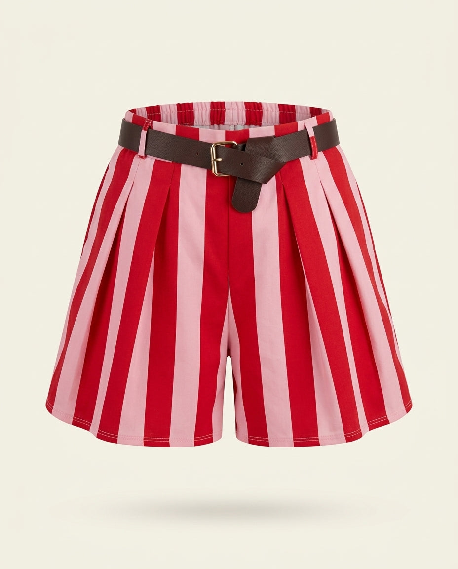 Shorts Rayas Rojo y Rosa con Cinturón